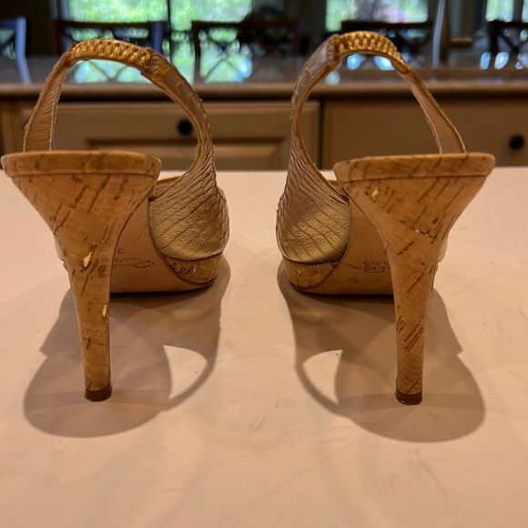 OSCAR DE LA RENTA Women’s Peep Toe Leather Slingback Heels Gold Size 37.5 - Picture 6 of 15
